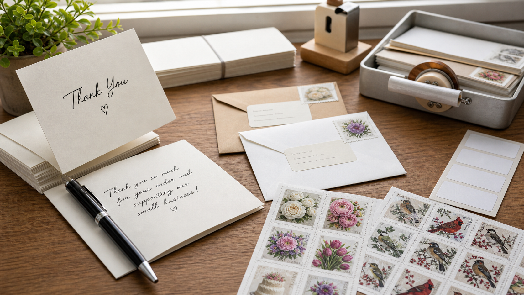 Small business thank-you cards, customer envelopes, and postage stamp designs on an office desk